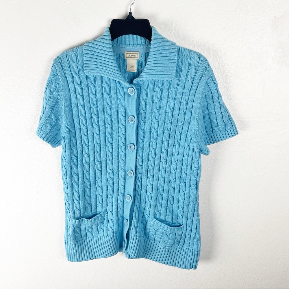 L. L. BEAN 100% Cotton Cable Knit Short Sleeves Front Button Cardigan Large